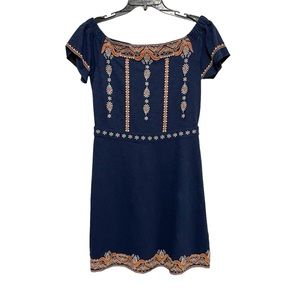 Tory Burch Navy and Orange Embroidered Mini Dress